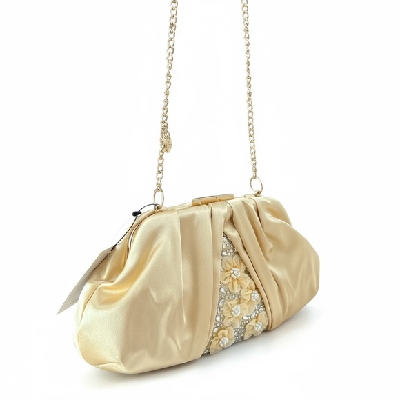 Badgley Mischka Handbags - New Badgley Mischka Gold Satin Clutch w/ Pearl Flowers NWT Retail $179